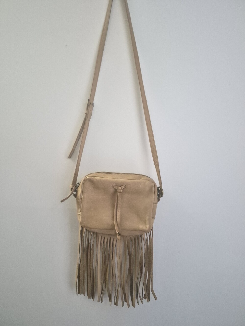 Lucky Brand Kyle Leather Fringe Crossbody Bag Tan Boho Western Festival